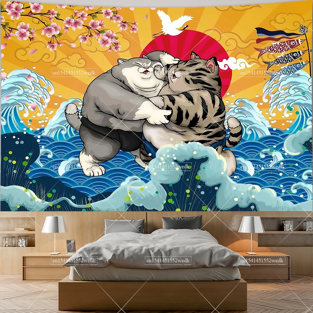 Ukiyoe Samurai Cat Tapestry Japanese Off Kanagawa Great Wave