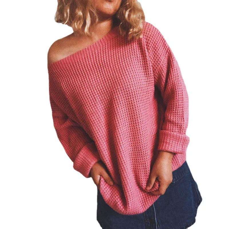 2023 Autumn/Winter Simple Loose Oblique Neck Off Shoulder Sexy Short Top Long Sleeve Knitted Sweater