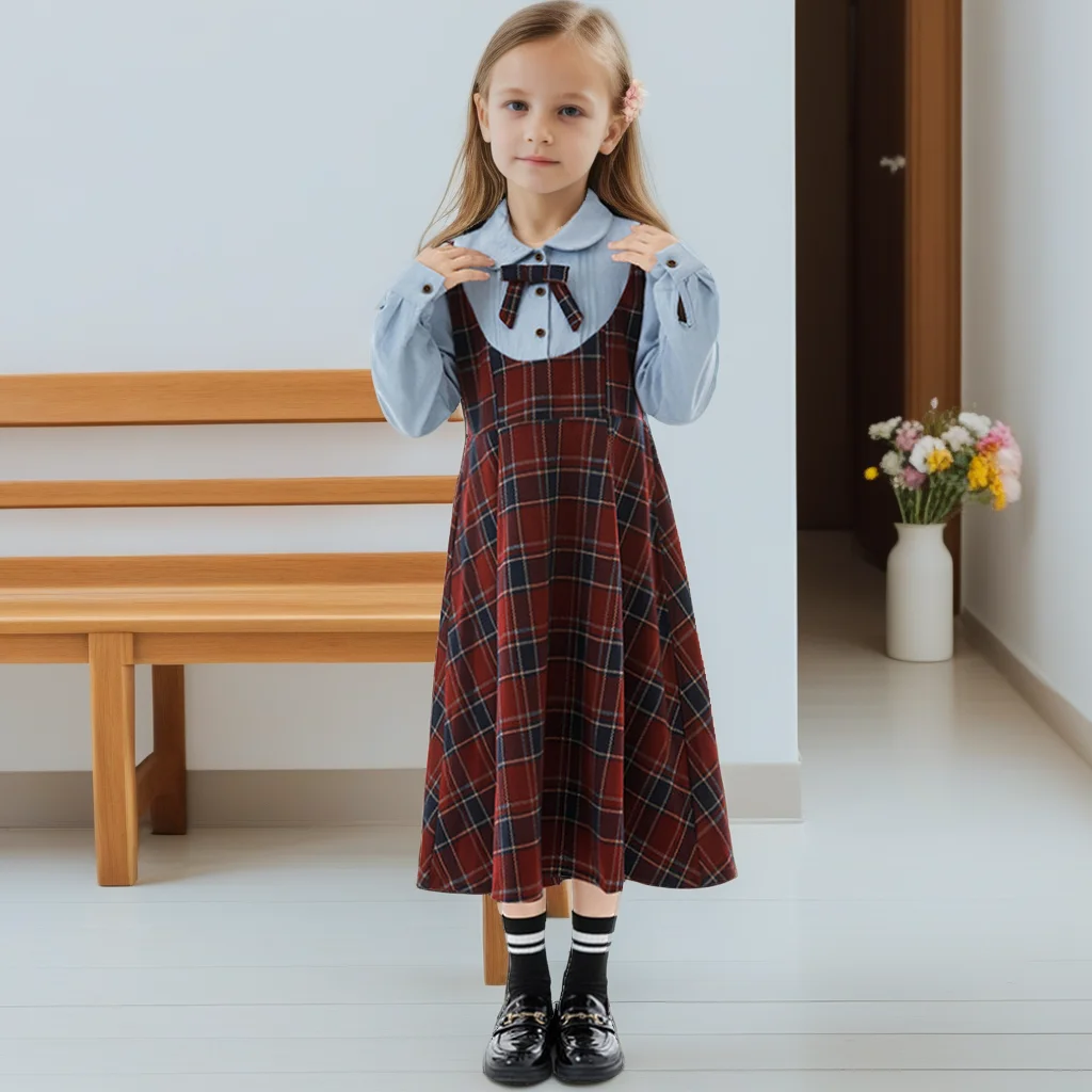 

Girls Plaid Dress False 2-Piece Design British Style School Teen Kids Princess Gown Fall Winter Child Long Sleeve Shirt Dresses