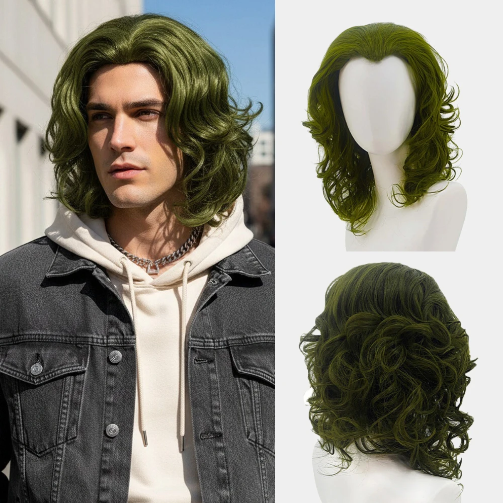 Synthetic Short Curly Wave Green Clown Wig with Middle Spilt Bangs for Men Cosplay Party Fake Hair Heat Resistant