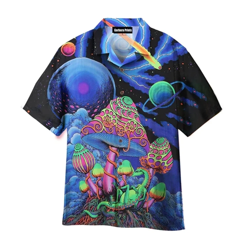 Colorful Mushroom 3d Print Hawaiian ShirtsFor Men Summer Vacation Plants Beach Shirts Button Short Sleeve Street Aloha Shirt Top