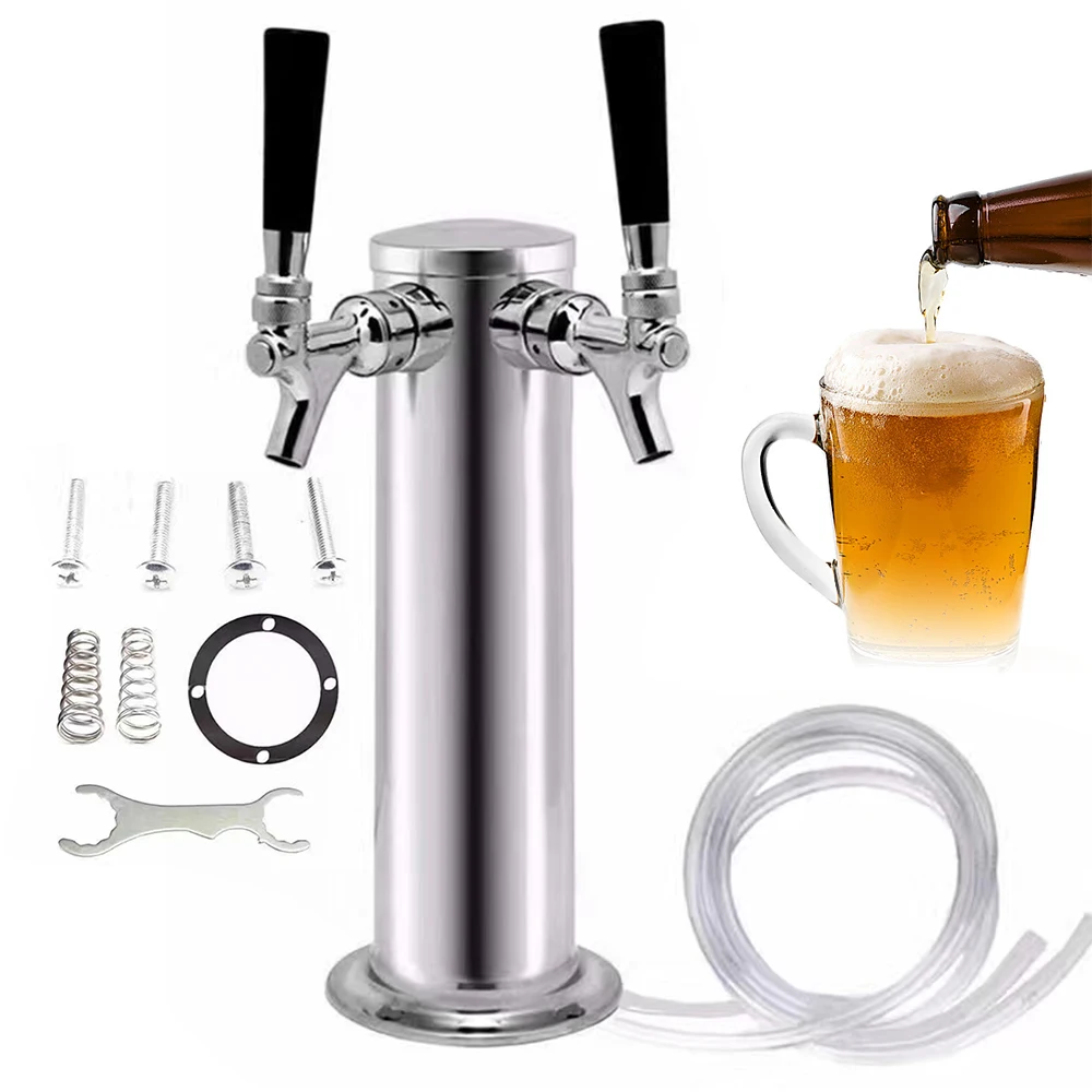 

Stainless Double Tap Beer Tower Wine Column Bar Pub Kegerator Faucet Draft Chrome Faucet