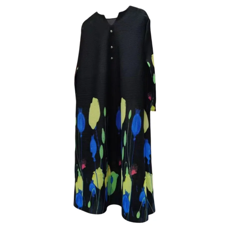 New pleated fashionable flower cross-border plus size minimalist loose flesh blocking and slimming printed dress