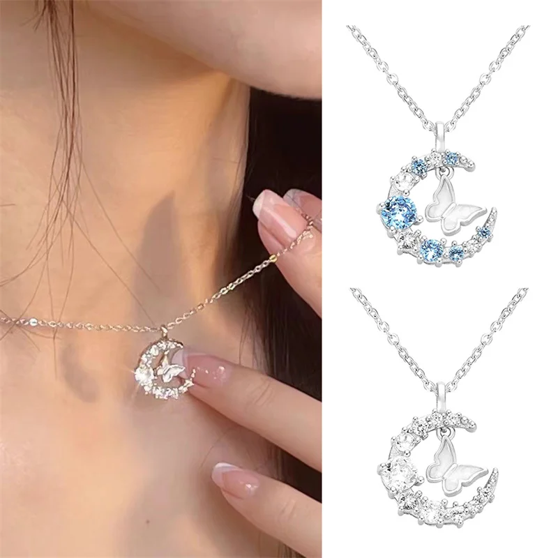 Exquisite Bling Zircon Butterfly Moon Necklace For Woman Simple Temperament Light Luxury Clavicle Chain Jewelry Birthday Gift