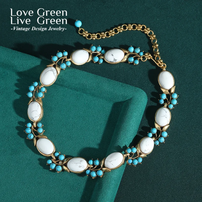 Vintage Natural Stone Turquoise Necklaces For Woman Opal Flower Retro Antique Gold Color Jewelry Accessories Party New In 2025