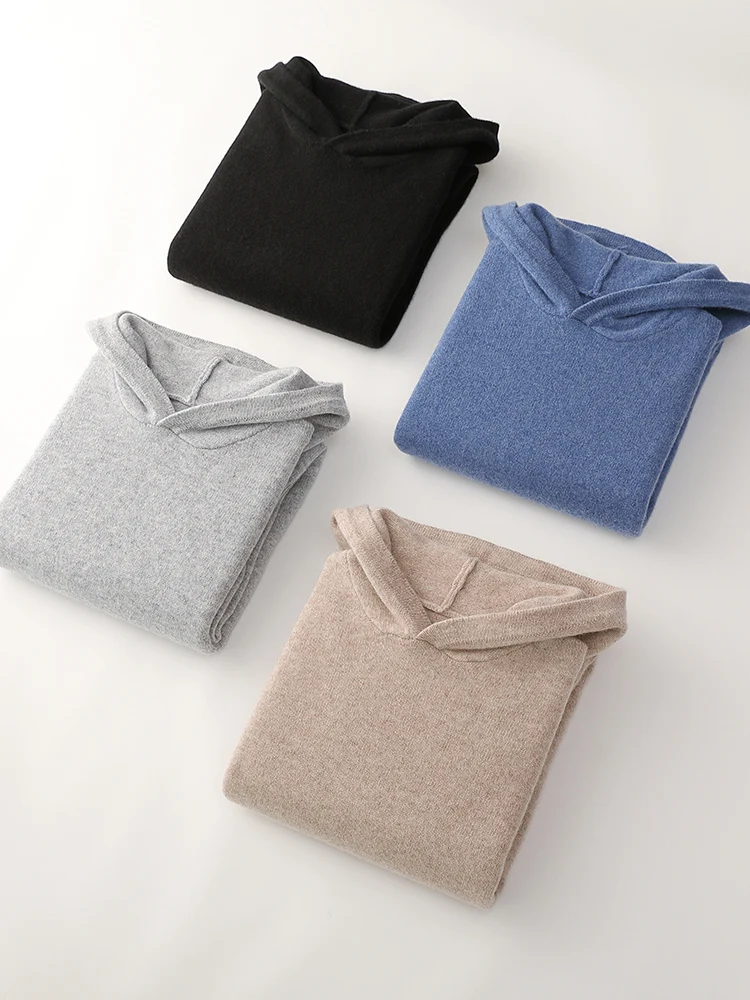 

Thick Business Leisure Solid Hooded Pullover Soft Warm Casual Sweater Men's Autumn Winter 100% Merino Wool Knitted Clothing Tops