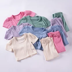 Summer Hot Sale Children Suit Baby Girl Solid Colour Short Sleeve + Trousers 2pcs Simple Fashion Leisure Kid's Clothing