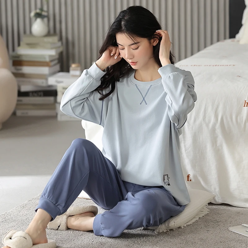 بيجامة من القطن الخالص للخريف والشتاء للنساء، سراويل طويلة بأكمام طويلة، ملابس منزلية بسيطة للنساء، يمكن ارتداؤها في الخارج