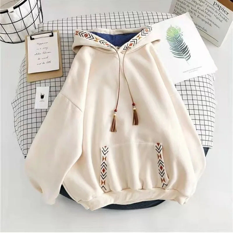 Causal Loose Pullover Hooded Sweatshirt with Drawstring Fashion Chinese Style Long Sleeve Pull Hoodies Women Oversized Jacket