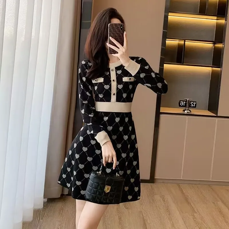 2023 Fashion Women Knitted Dress Autumn Winter New Long-sleeved O-Neck Knee-High A-Line Temperament Office Lady Sweater Dress