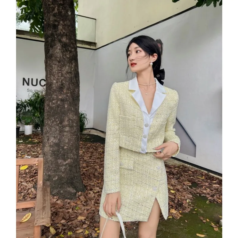 UNXX Autumn Small Fragrance Yellow Tweed Two Piece Set Women Crop Top Woolen Short Jacket Coat + Mini Skirts Sets 2 Piece Suits