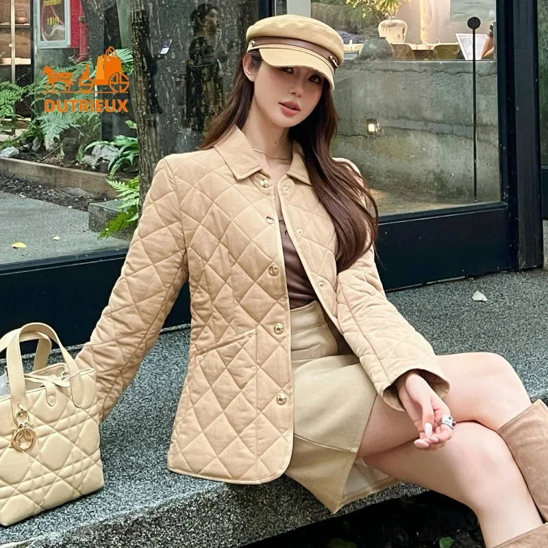 

New Winter Lapel Double Pocket Diamond Quilted Slim Fit Down Jacket, 65% Linen and 35% Cotton, Elegant Light and Warm Jacket