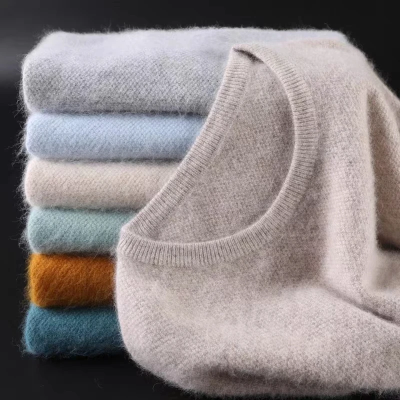 

Men's Round Neck 100% Mink Cashmere Sweater Thickened Solid Color Warm Pullover Knitted Bottoming Sweater Autumn Winter