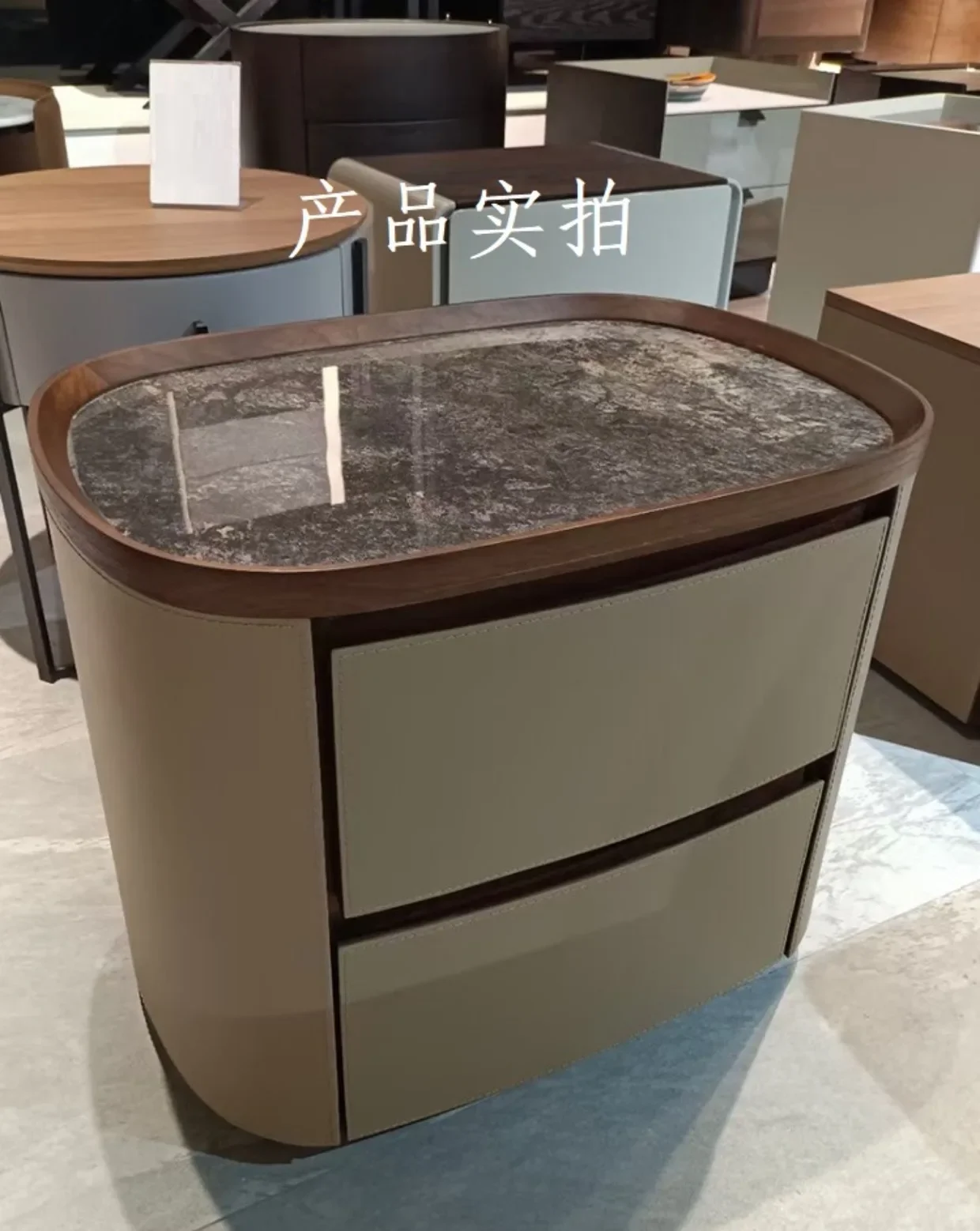 

S Italian-Style Light Luxury Stone Plate Saddle Leather Solid Wood Locker Household Bedroom Bedside Storage Chest of Drawers
