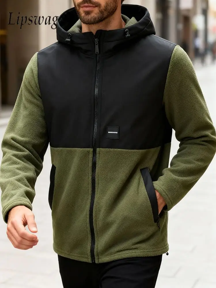 

Outdoor Fashion Warm Fleece Hooded Jackets Mens Fall Winter Casual Zip-up Jacket Coat For Men Daily Leisure Patchwork Outerwear