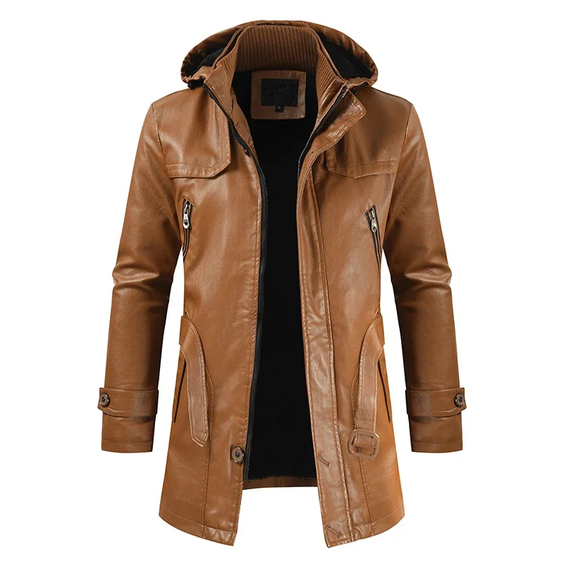 fashion Winter Korean Fashion Jacket Coat Windproof Clothes Men's Hooded Long Leather coat Men's Leather Motorcycle Leather