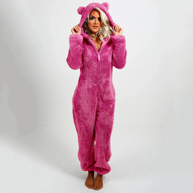 Women Hooded Sleepwear Onesies Fluffy Plush Thermal Warm Hoodies Jumpsuits Rompers Loose Zipper Bodysuits Pajamas Overall 5XL