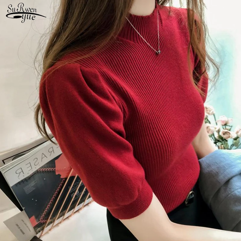 Simple Slim Short Puff Sleeve Soft Solid Spring Summer T-shirt Chic Half Turtleneck Knitted T-shirts Tops Woman Tee Female 18844