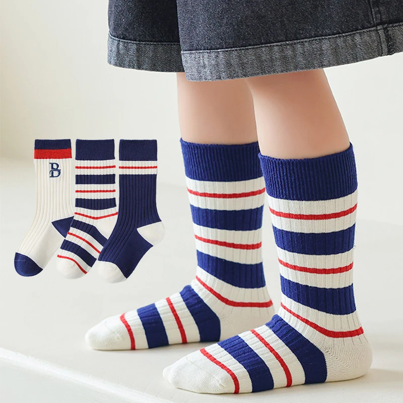 Three Pairs of Four Seasons Children\'s Trend Letter Striped Sports Fashion Comfortable Breathable Stockings for Boys and Girls