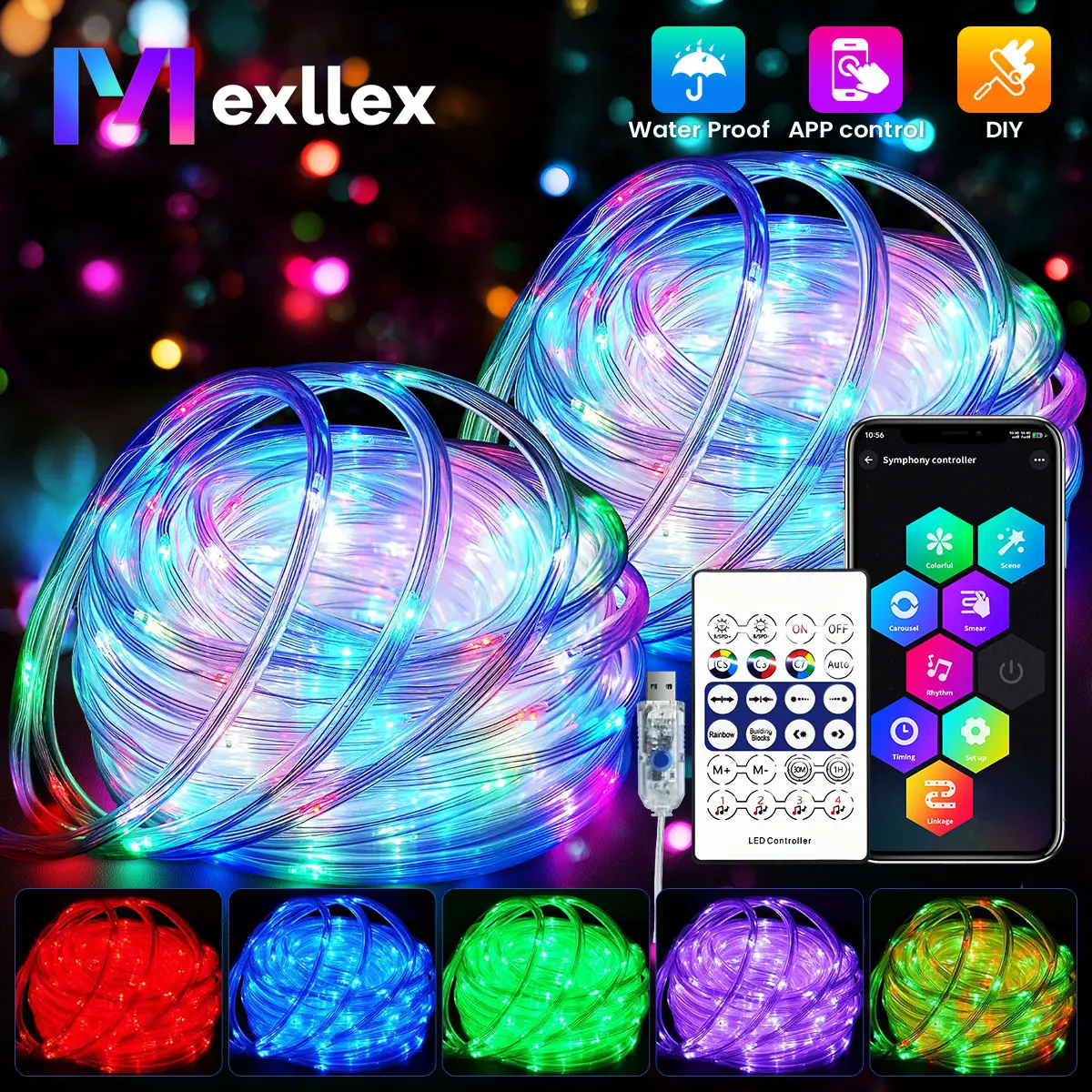 

100 LEDS Rope Lights Outdoor String Lamp with Remote, USB Powered 8 Colors and 19 Lighting Modes for Bedroom Patio, Backyards