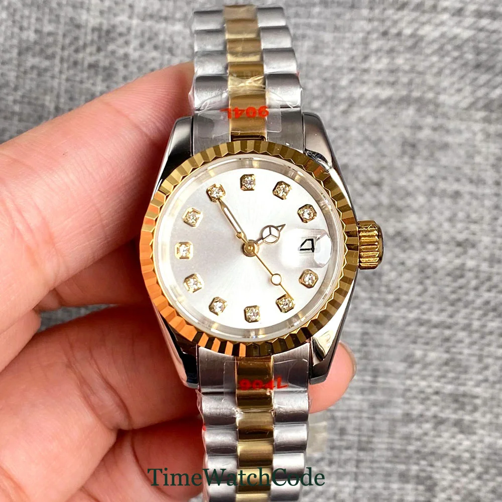 26mm Laydy Watch for Women NH05A Automatic Movement Sapphire Crystal Gold Plating White Dial Diamond Index Date Screw-in Crown