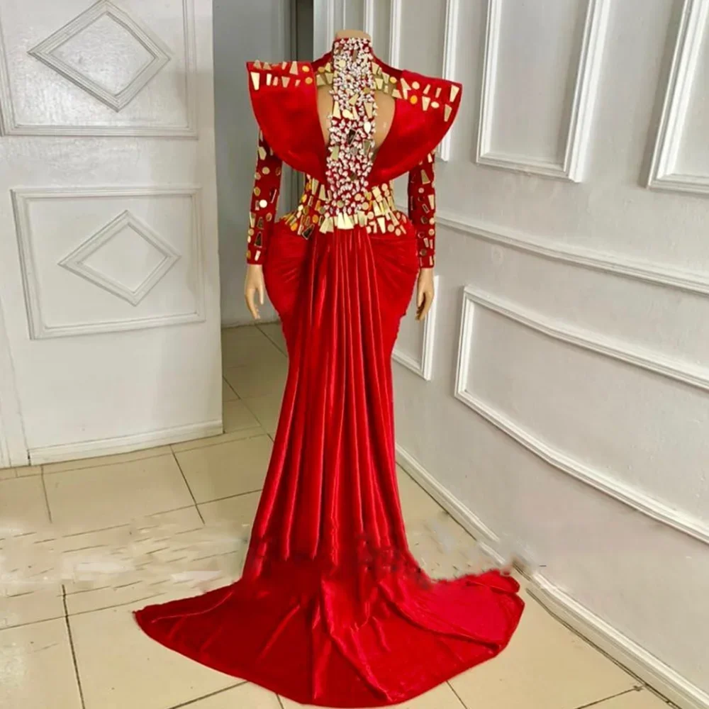 Luxe Avondjurken Lovertjes Kristallen Zeemeermin Feestjurken Mode Hoge Kraag Lange Mouwen Vloerlengte Dames Galajurken