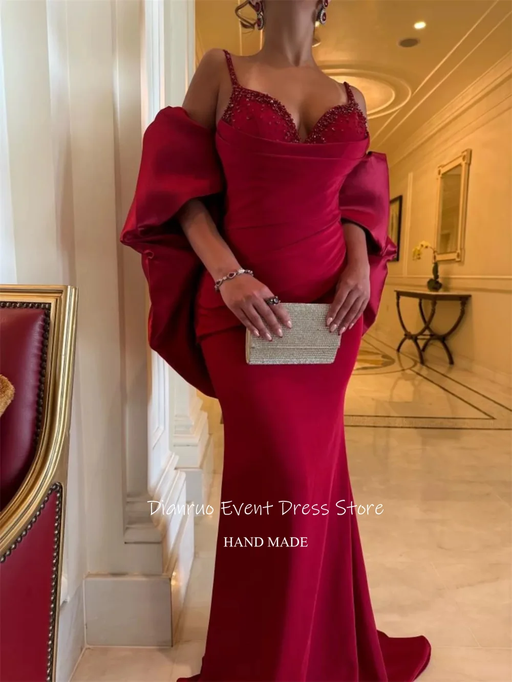 Dianruo فستان سهرة بحورية البحر باللون العنابي من الساتان بحزام سباغيتي فيستدو دي غالا فام مطرز بالخرز فساتين المشاهير السعودية حسب الطلب