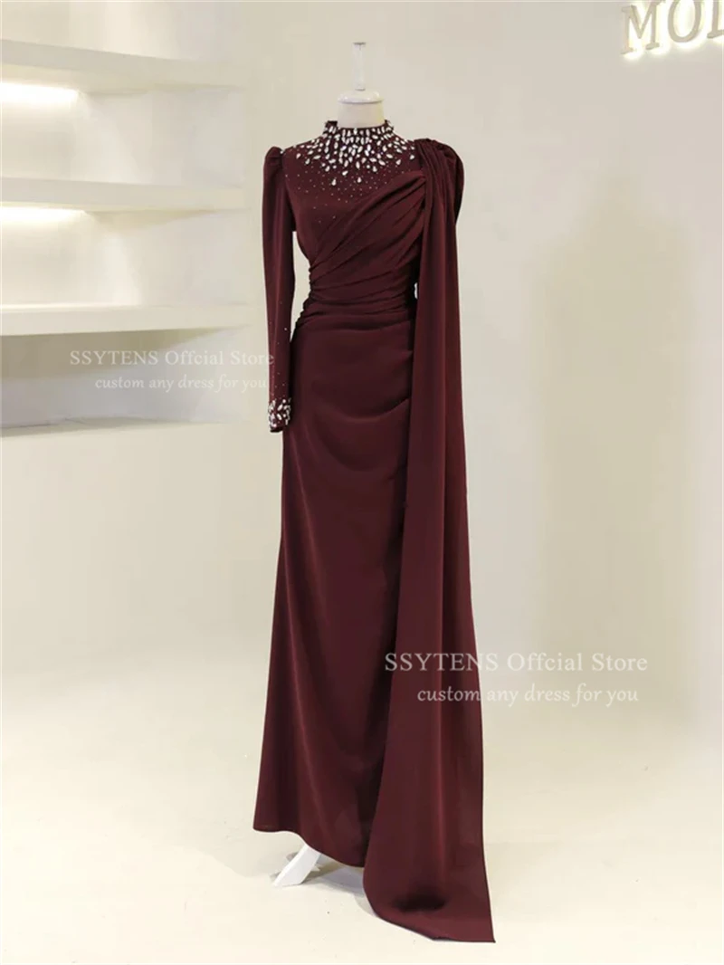 SSYTENS ダークバーガンディ スペシャルイブニングドレス レディース 2025 ラグジュアリー クリスタル ロングスリーブ マーメイド ローブ ド ソワレ プロム ガウン カスタマイズ