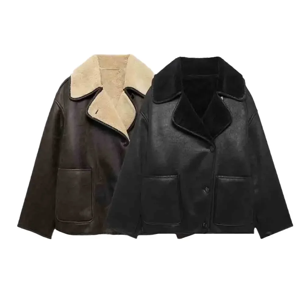Plush Faux หนังแจ็คเก็ตผู้หญิงผ้าขนสัตว์ผสมหนาฤดูหนาว Office Single Breasted Turn-down Collar Coat Chic กระเป๋า Outerwear