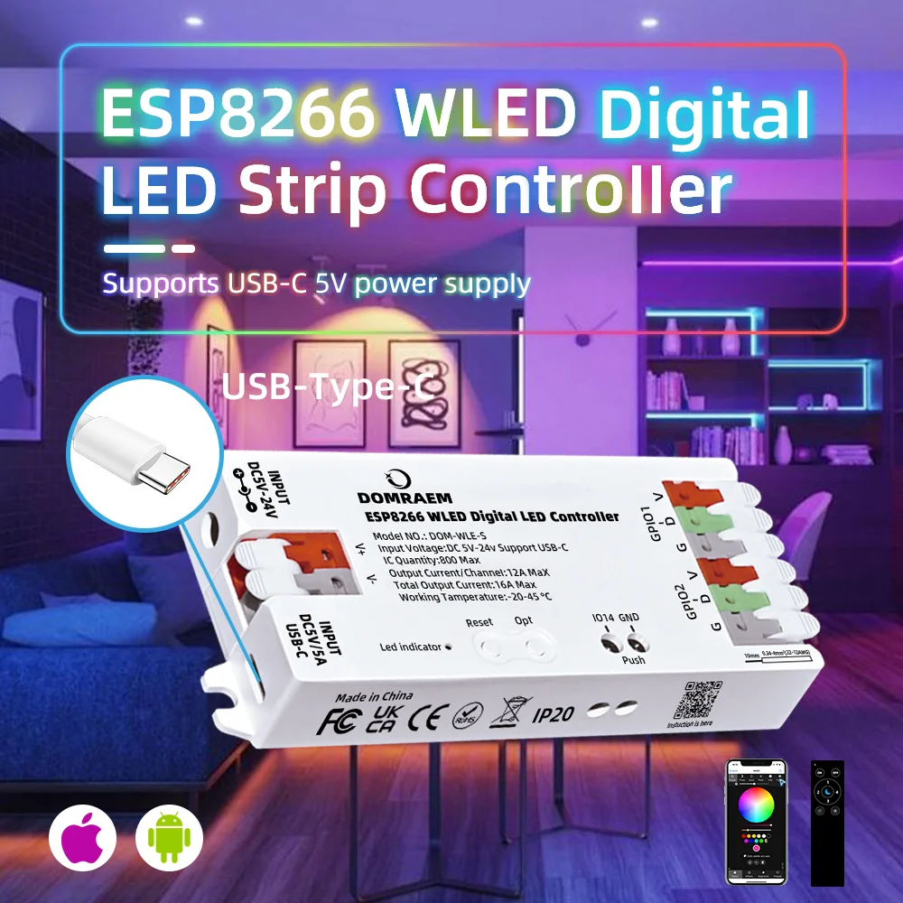 DOMRAEM ESP8266 WLED USB-C Adressierbarer LED-Controller unterstützt WS2811/12/12B/13/14/05 digitale Streifen usw. Spannungswandler 16A Sicherung – Detail 1