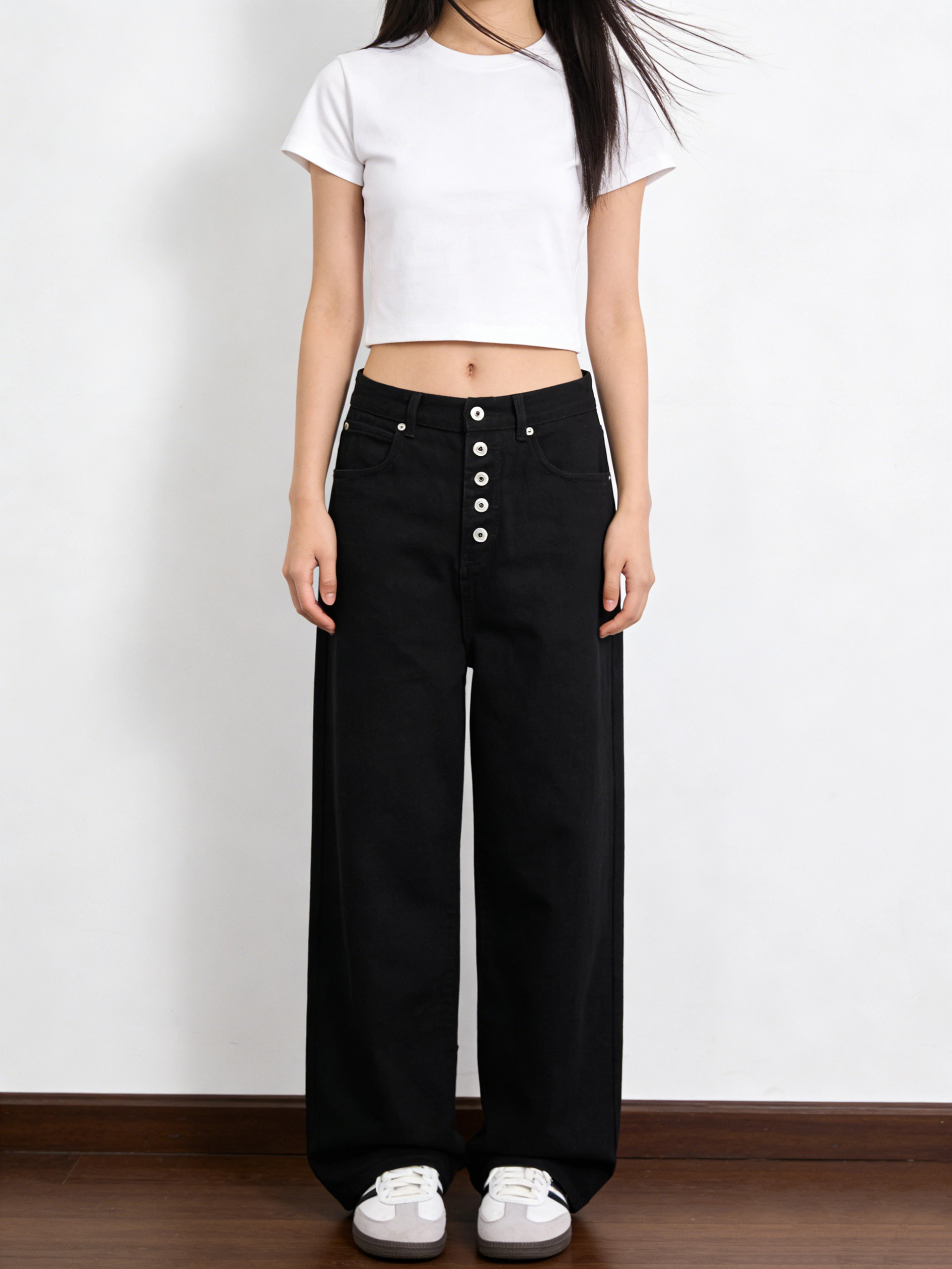 American High Street Multi-Buckled Loose Wide Leg Jeans Women's High-Rise Slimming Floor-Length Pants Cotton Natural Waist