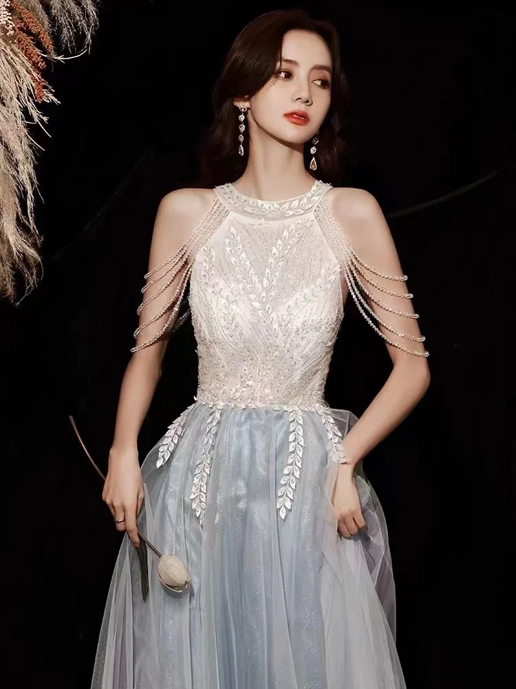 

Sexy Halter Evening Dress Shiny Sequin Applique Bead Tassels O-Neck Off Shoulder A-Line Exquisite Floor-Length Pageant Prom Gown