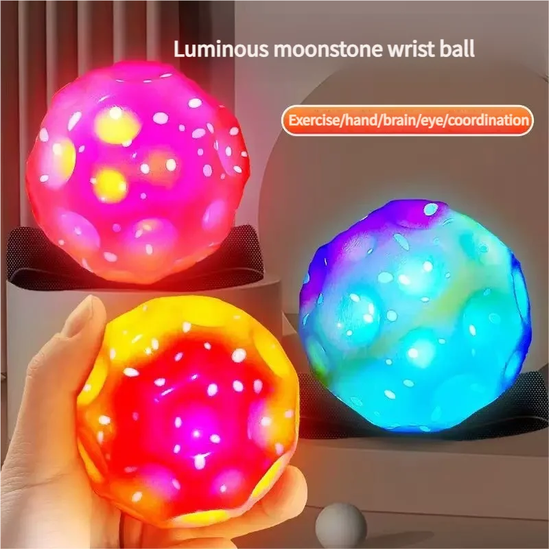 كرة تخفيف التوتر من البولي يوريثان عالية المرونة على شكل قمر روك مع كرة رمي للمعصم بحبل مرن للأطفال لعبة كرة رمي يدوية وإرجاع