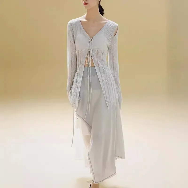 

7583 Summer Cool Zen Style V-Neck Hollow Out Tie-Up Off-Shoulder Irregular Design Knitted Cardigan Sun Protection Shirt