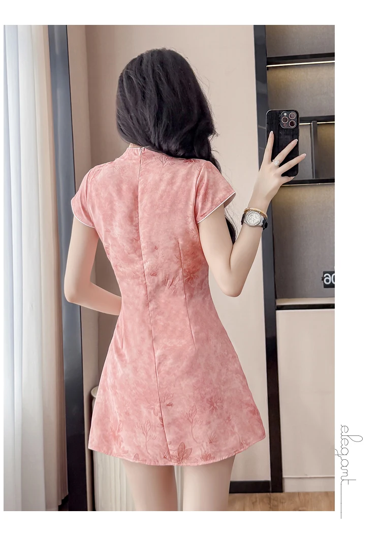 New Chinese Style Cheongsam Set Jacquard Stretch Dress + Shorts Ruched Slit Short Design Dresses Outfit Female 2026 New Suits view 2