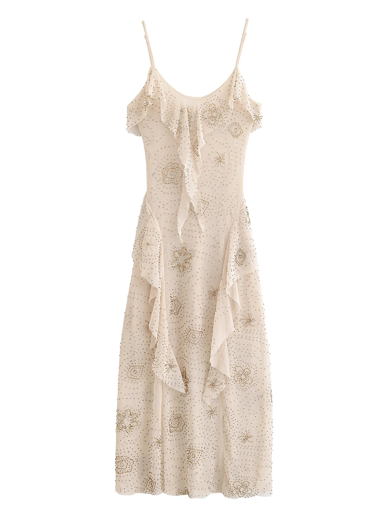 KONDALA Vrouwen Herfst Beige Slanke Jurk Founced edge Kralen Cami Lange Jurk Nieuwe 2025, Lente/Zomer Mode Vakantie Feest Strand Jurk