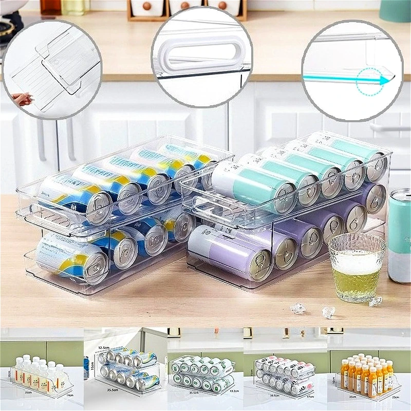 

Clear Refrigerator Organizer Bins Soda Can Dispenser for Kitchen Freezer Storage Drink Container Set Organization Accessories
