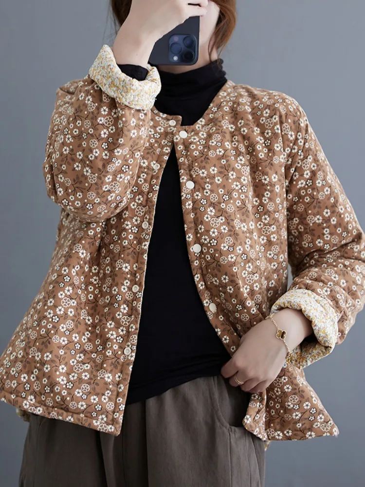 

Retro Floral Mom Cotton Jaet Women's Autumn Winter Loose Casual Cotton Padded Slimming Warm ort Coat for Ladies