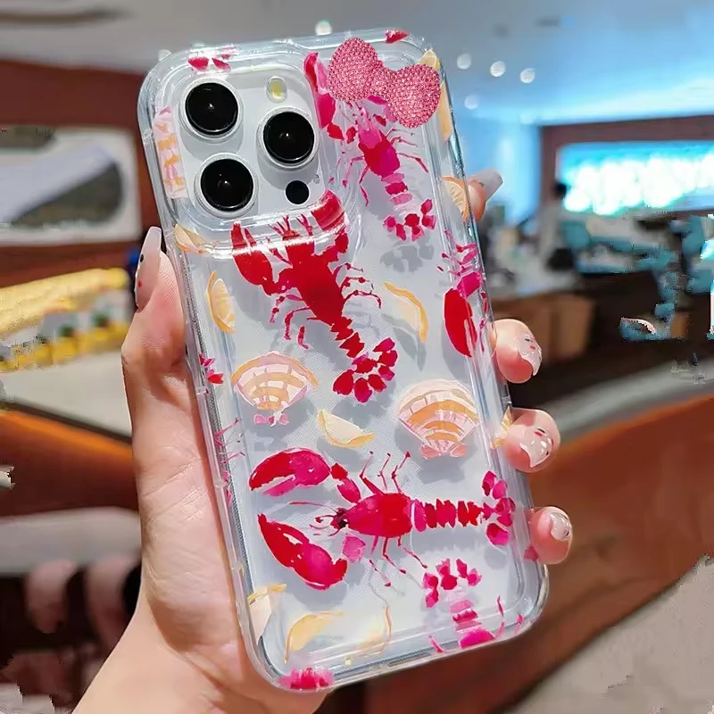 Pink Jellyfish And Lobster Diamond Bow Phone Case For iPhone 16 15 14 13 12 11 Pro Max XR XS MAX 7 8 PLUS MINI Y2K Clear Cover