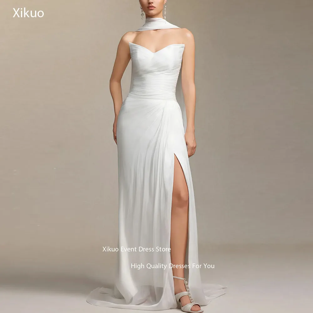 Xikuo Ribbons Side Slit Wedding Dresses Ruched Chiffon Pleated 2025 Bridal Gown Summer Sleeveless Vestidos De Novia Customized