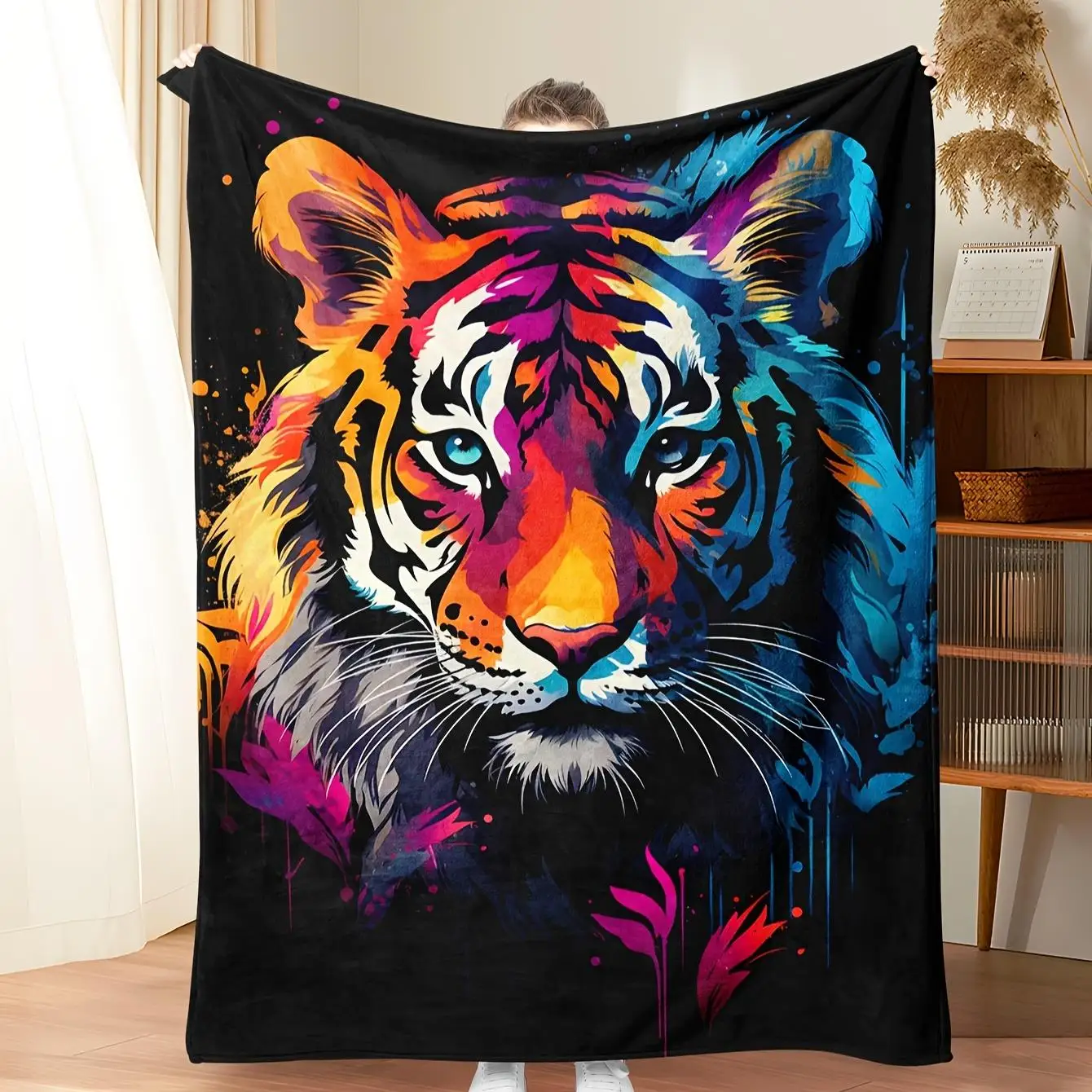 Artistic Tiger Face Throw Blanket Boho Home Decor Watercolor Animal Print Cozy Living Room Sofa Throw Jungle Art