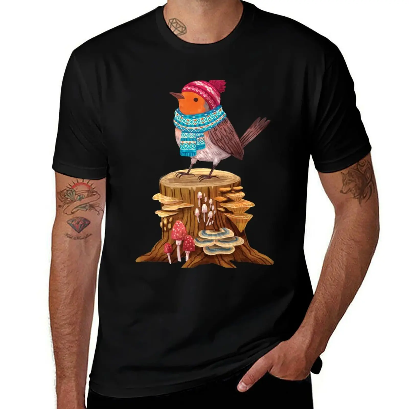 Robin Bird in a cozy winter scarf and hat T-Shirt Classic Print Short Sleeve Shirt T-Shirt