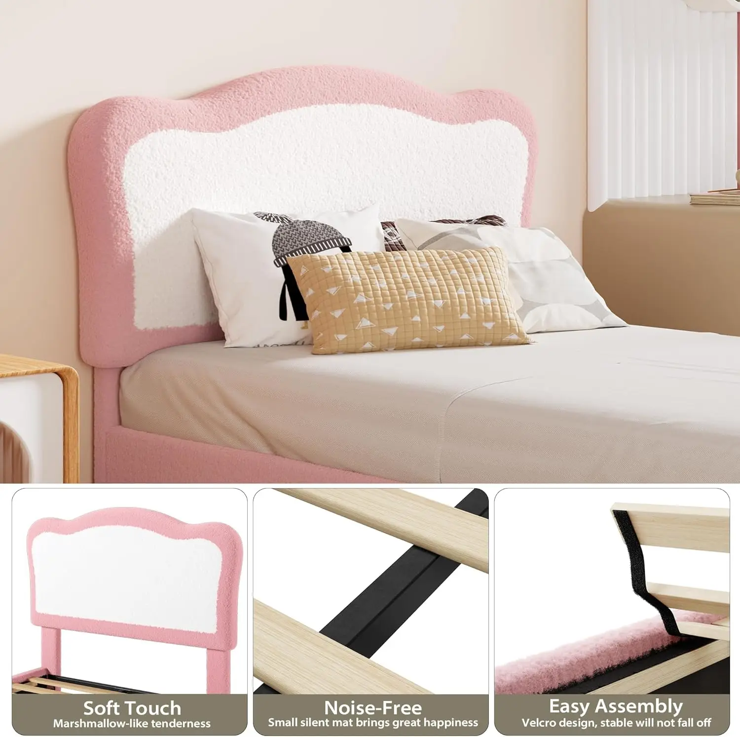 Upholstered Twin Bed Frame for Kids with Scallop Headboard, Cute Velvet Twin Bed for Girls, Boys, Sturdy Platform Bed, No Box Spring Needed, Wooden Slats, Noise Free, Pink White image 6