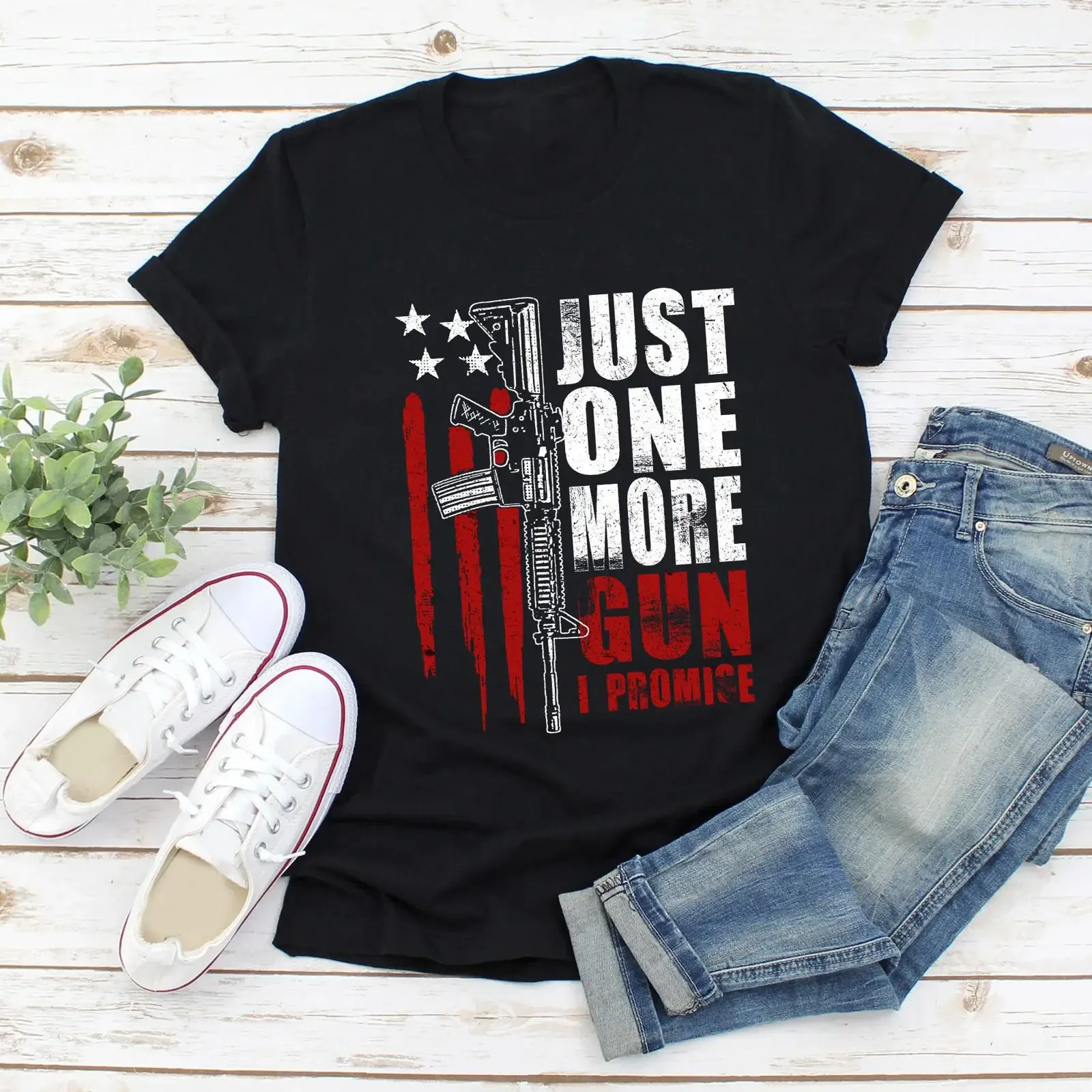 Just One More Gun I Promise Patriotic US Flag T Shirt Funny Owner 2nd Amendment Pro for Dad Veterans vintage Washed Comfortable
