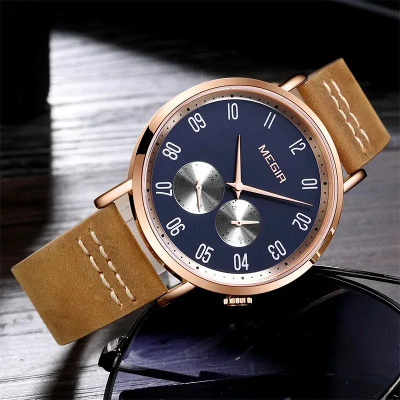 Relojes MEGIR de lujo con correa de cuero marrón para hombre, reloj de pulsera de cuarzo a la moda, reloj deportivo analógico resistente al agua, reloj masculino