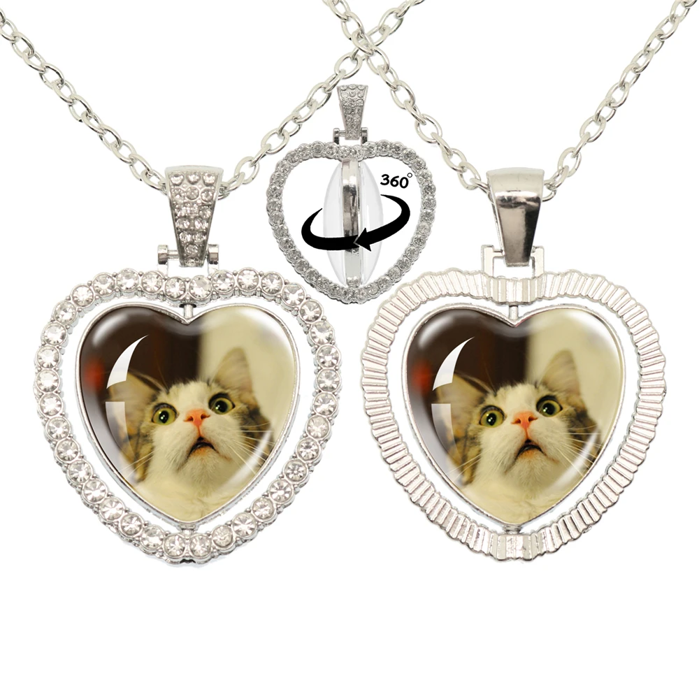 Lovely Little Cat Glass Cabochon 360 Degree Rotating Heart Shaped Pendant With Double-Sided Necklace For Girls\' Birthday Gift Je