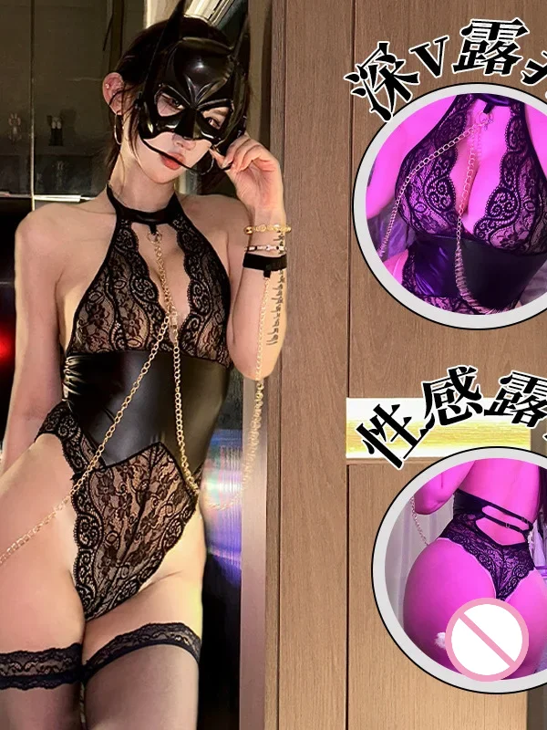 2025 New Sexy Hanging Neck Backless Lace Sheer Hollow Out Chain Bodysuits Women Cinching Waist Slim Solid Color Bodysuits DWE9