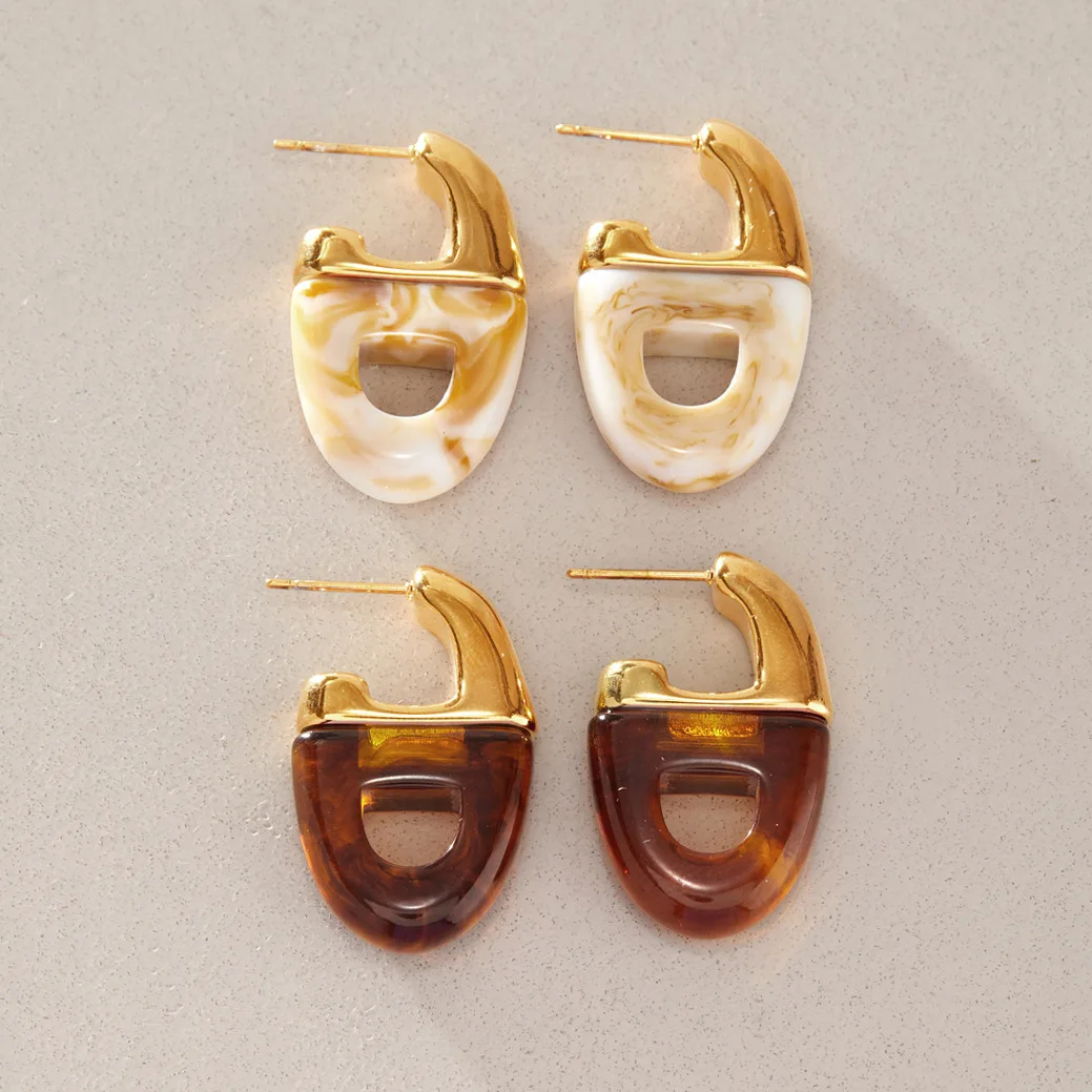 New Luxury Geometric Resin Earrings Women Gold Stainless Steel Studs Vintage Tortoise Marble Pattern Waterproof Non Tarnish Gift
