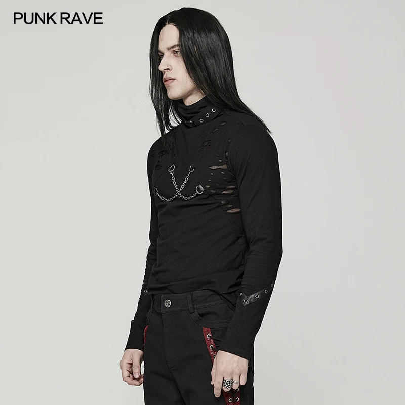 PUNK RAVE Men's Punk Daily Detachable Stand Collar T-shirt Personality Metal Chain Handsome Casual Tops Streetwear Sprin/Autumn