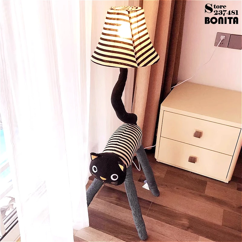 Christmas Gift Floor Lamp Living Room Children Room Floor Light Canvas Catoon Animal Striped Cat Feet  Adjustable Stand Lamp